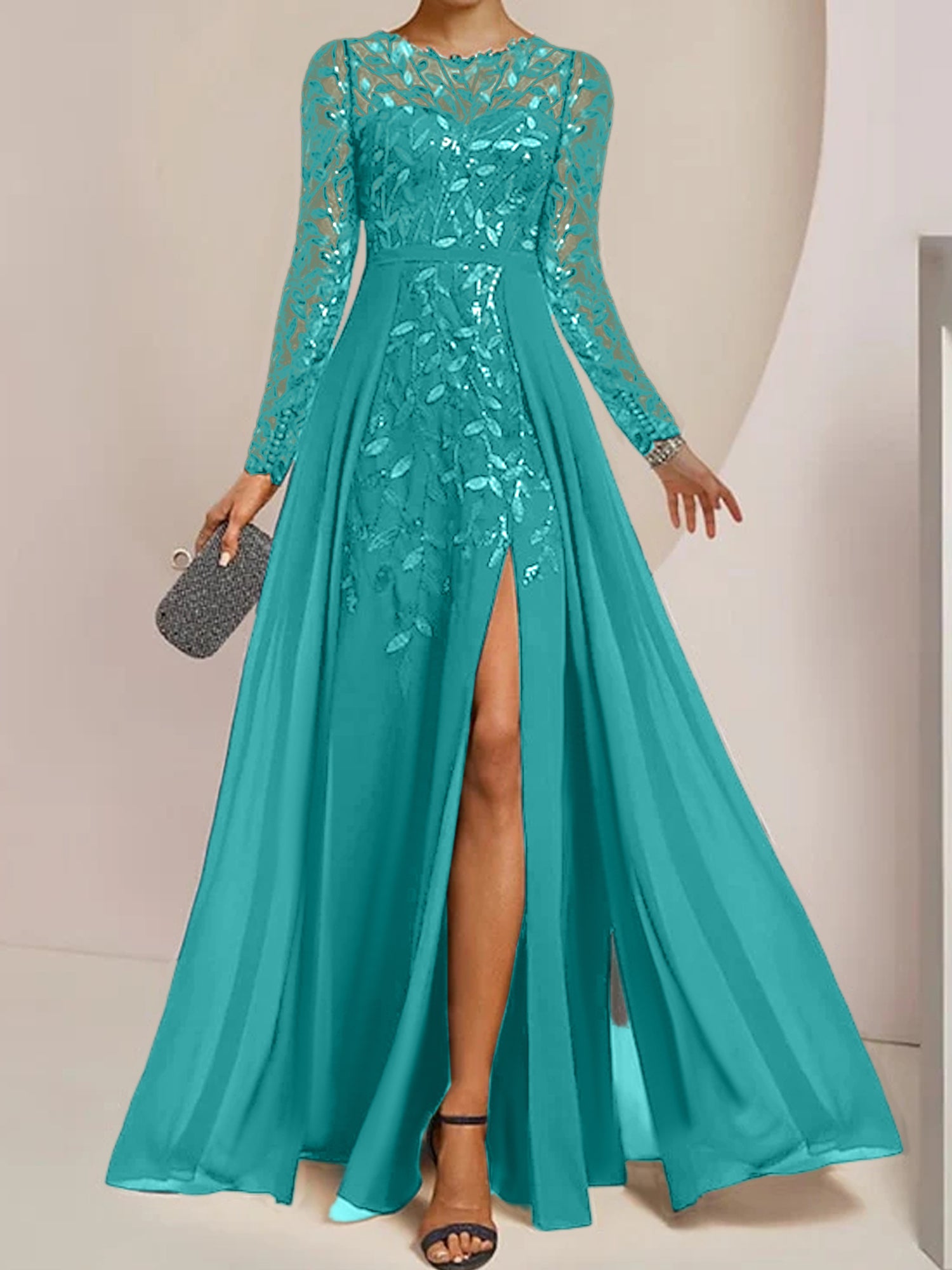 Floor-Length Mother of the Bride A-Line Dress with Scoop Neck Long Sleeves Side Split Ruffles & Sequins-BMbridal.UK