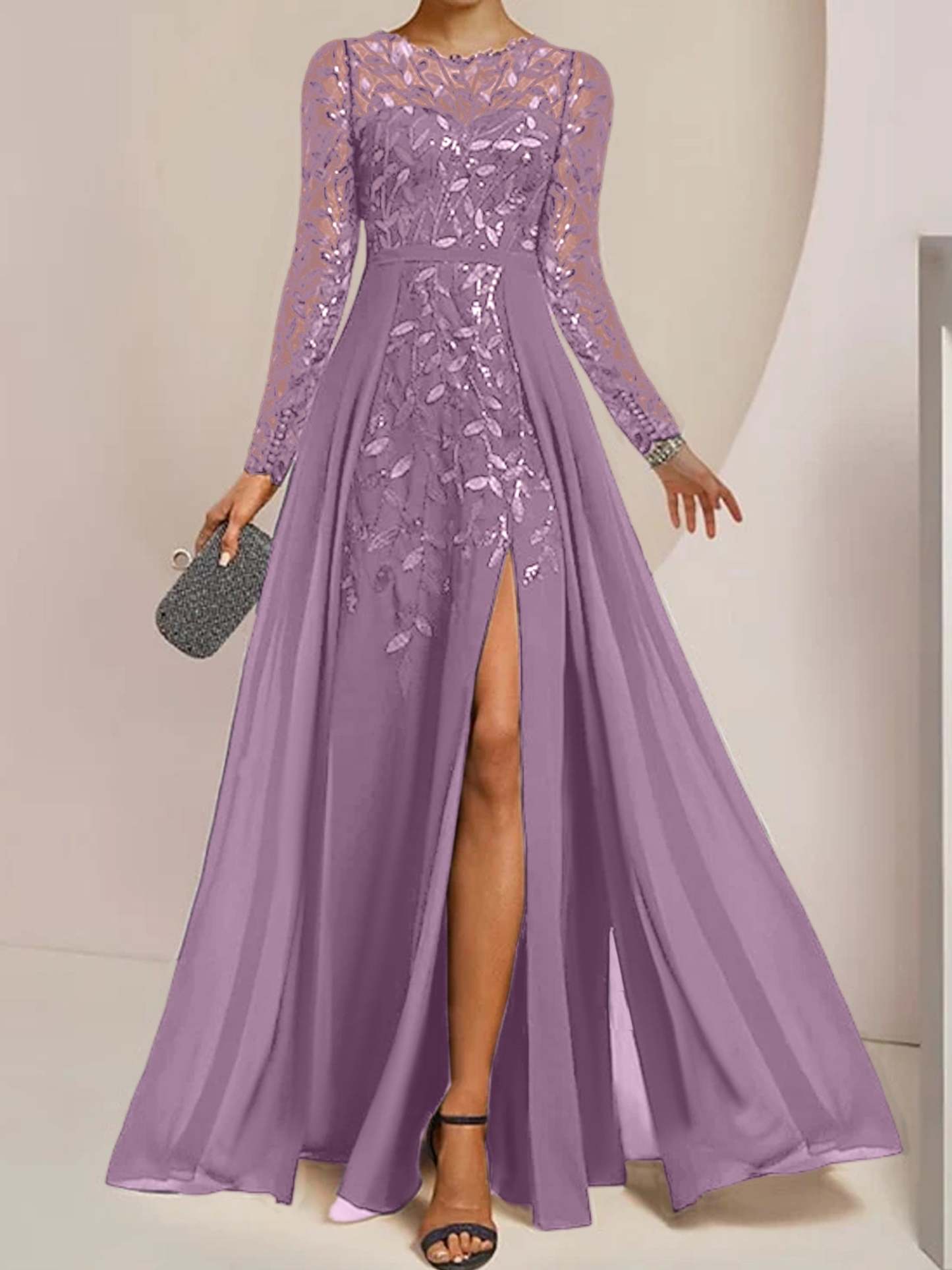 Floor-Length Mother of the Bride A-Line Dress with Scoop Neck Long Sleeves Side Split Ruffles & Sequins-BMbridal.UK