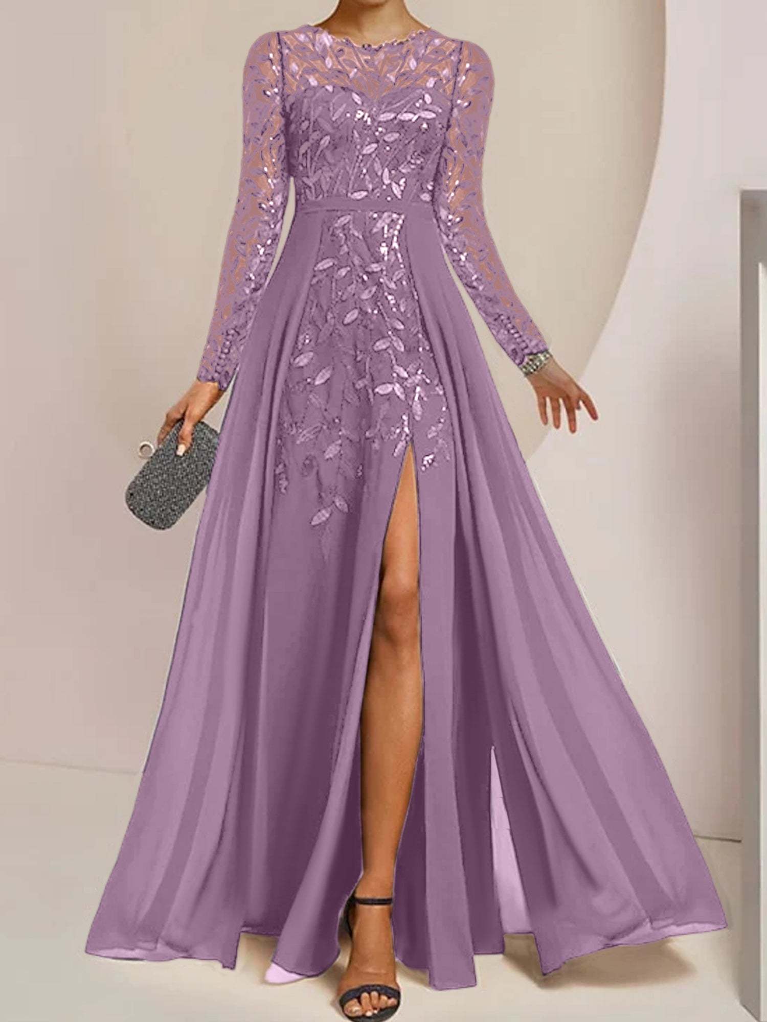 Floor-Length Mother of the Bride A-Line Dress with Scoop Neck Long Sleeves Side Split Ruffles & Sequins-BMbridal.UK
