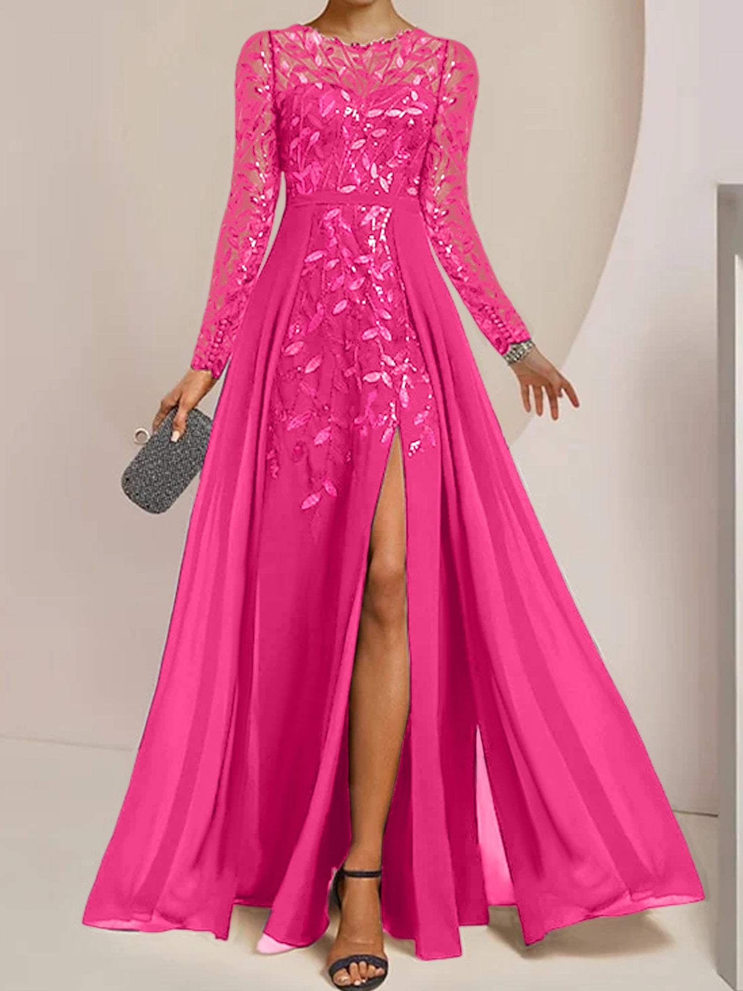 Floor-Length Mother of the Bride A-Line Dress with Scoop Neck Long Sleeves Side Split Ruffles & Sequins-BMbridal.UK