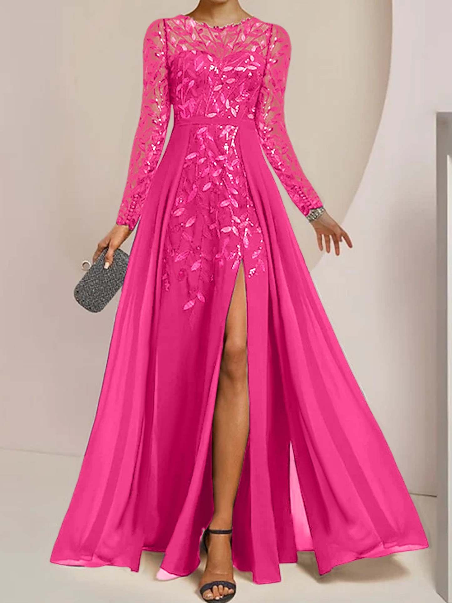 Floor-Length Mother of the Bride A-Line Dress with Scoop Neck Long Sleeves Side Split Ruffles & Sequins-BMbridal.UK