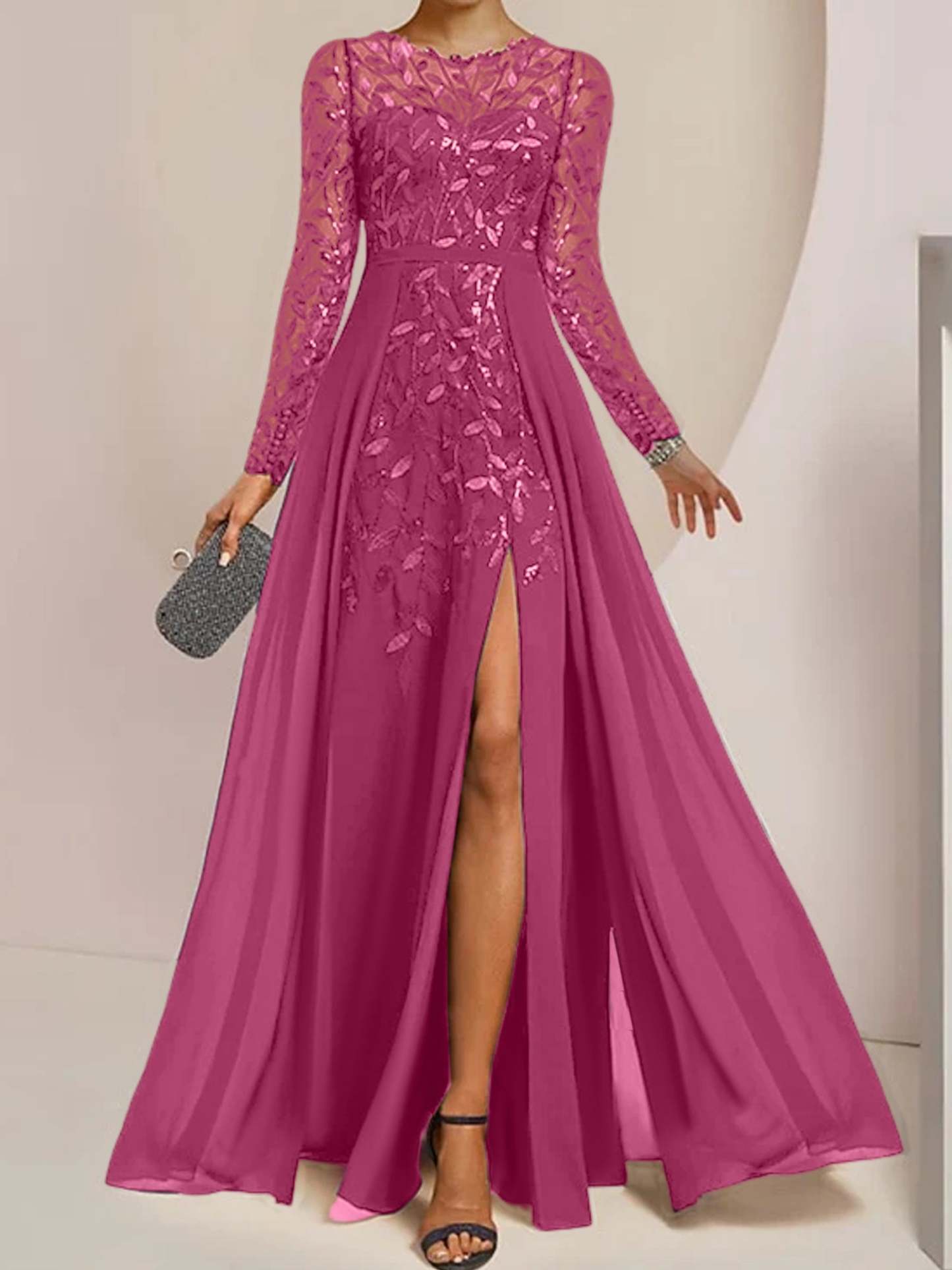 Floor-Length Mother of the Bride A-Line Dress with Scoop Neck Long Sleeves Side Split Ruffles & Sequins-BMbridal.UK