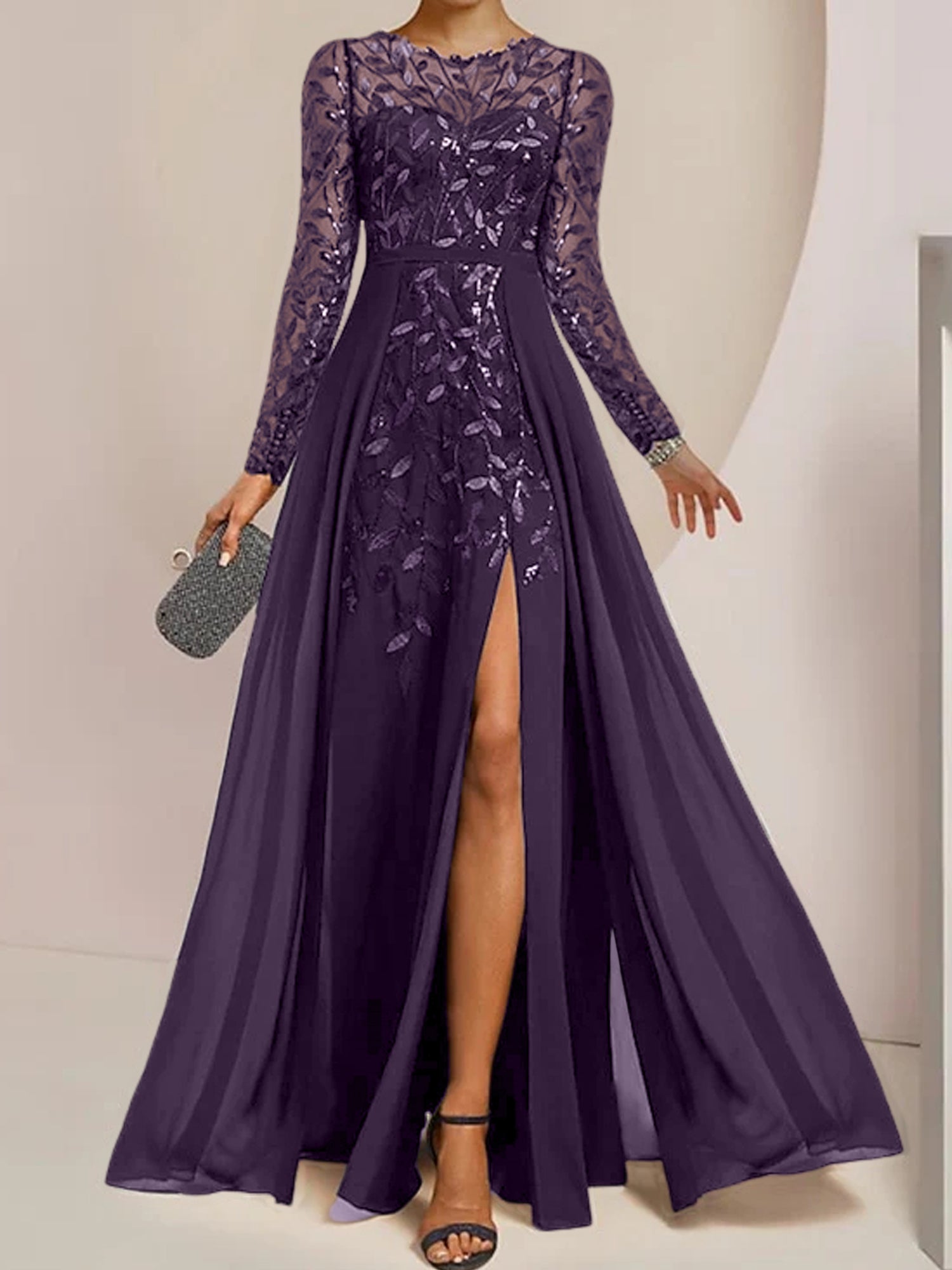Floor-Length Mother of the Bride A-Line Dress with Scoop Neck Long Sleeves Side Split Ruffles & Sequins-BMbridal.UK