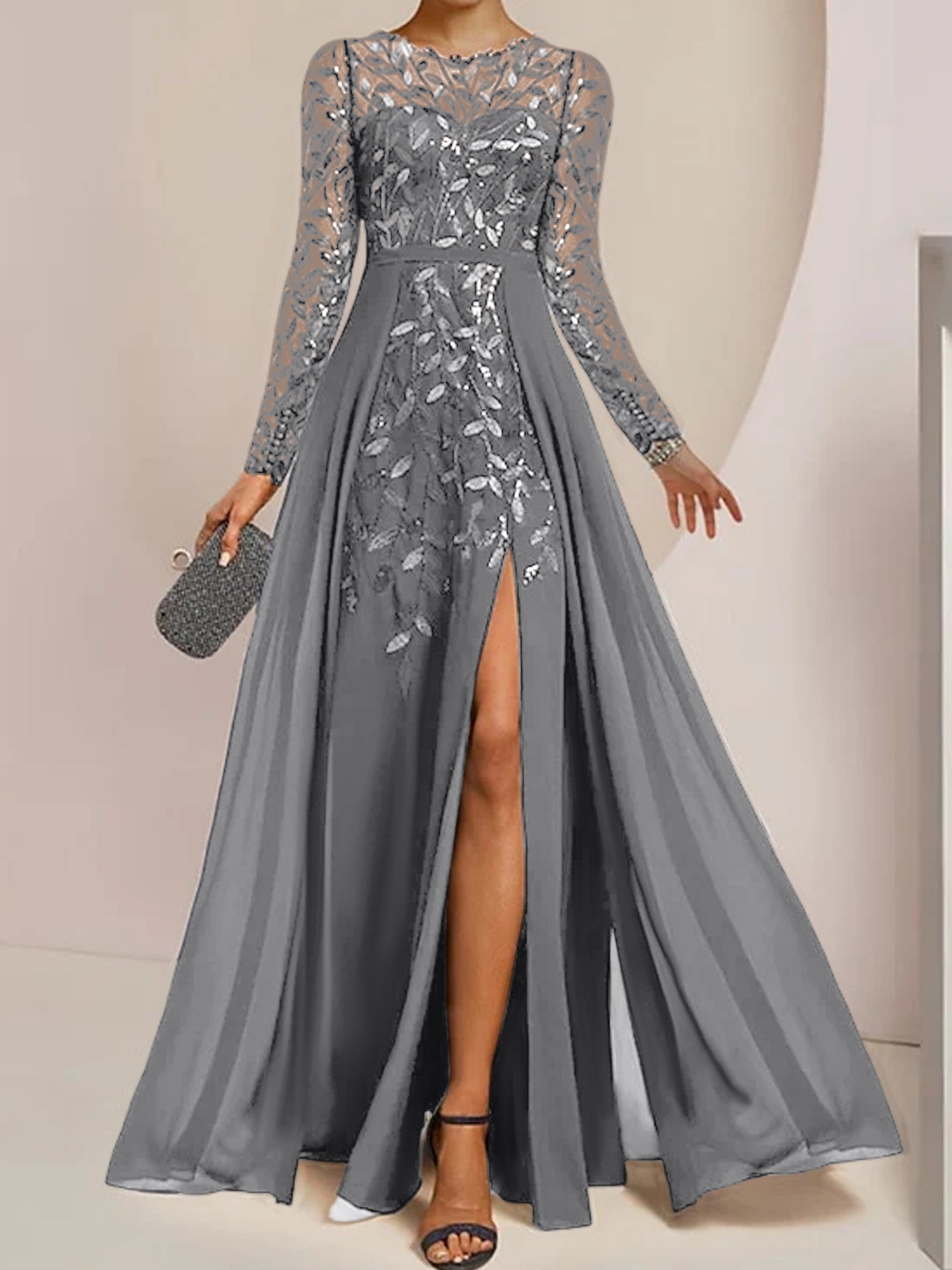 Floor-Length Mother of the Bride A-Line Dress with Scoop Neck Long Sleeves Side Split Ruffles & Sequins-BMbridal.UK