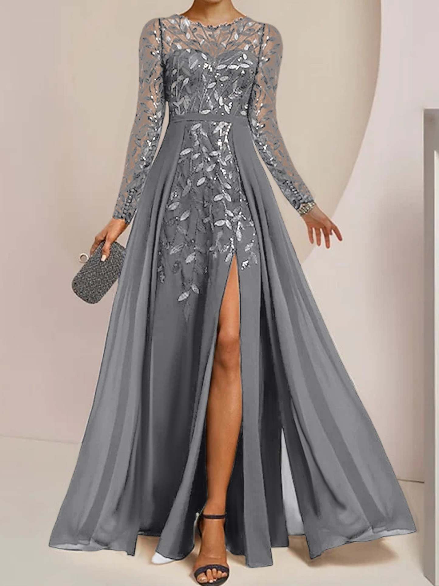 Floor-Length Mother of the Bride A-Line Dress with Scoop Neck Long Sleeves Side Split Ruffles & Sequins-BMbridal.UK