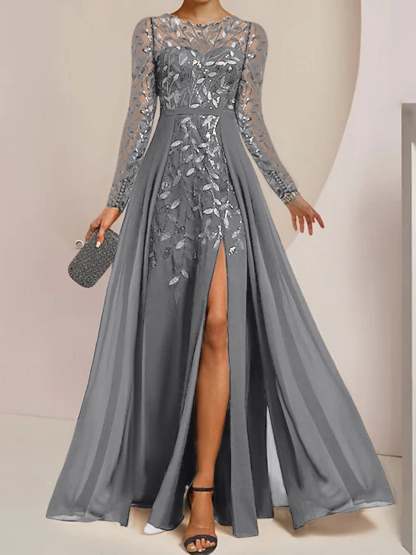 Floor-Length Mother of the Bride A-Line Dress with Scoop Neck Long Sleeves Side Split Ruffles & Sequins-BMbridal.UK