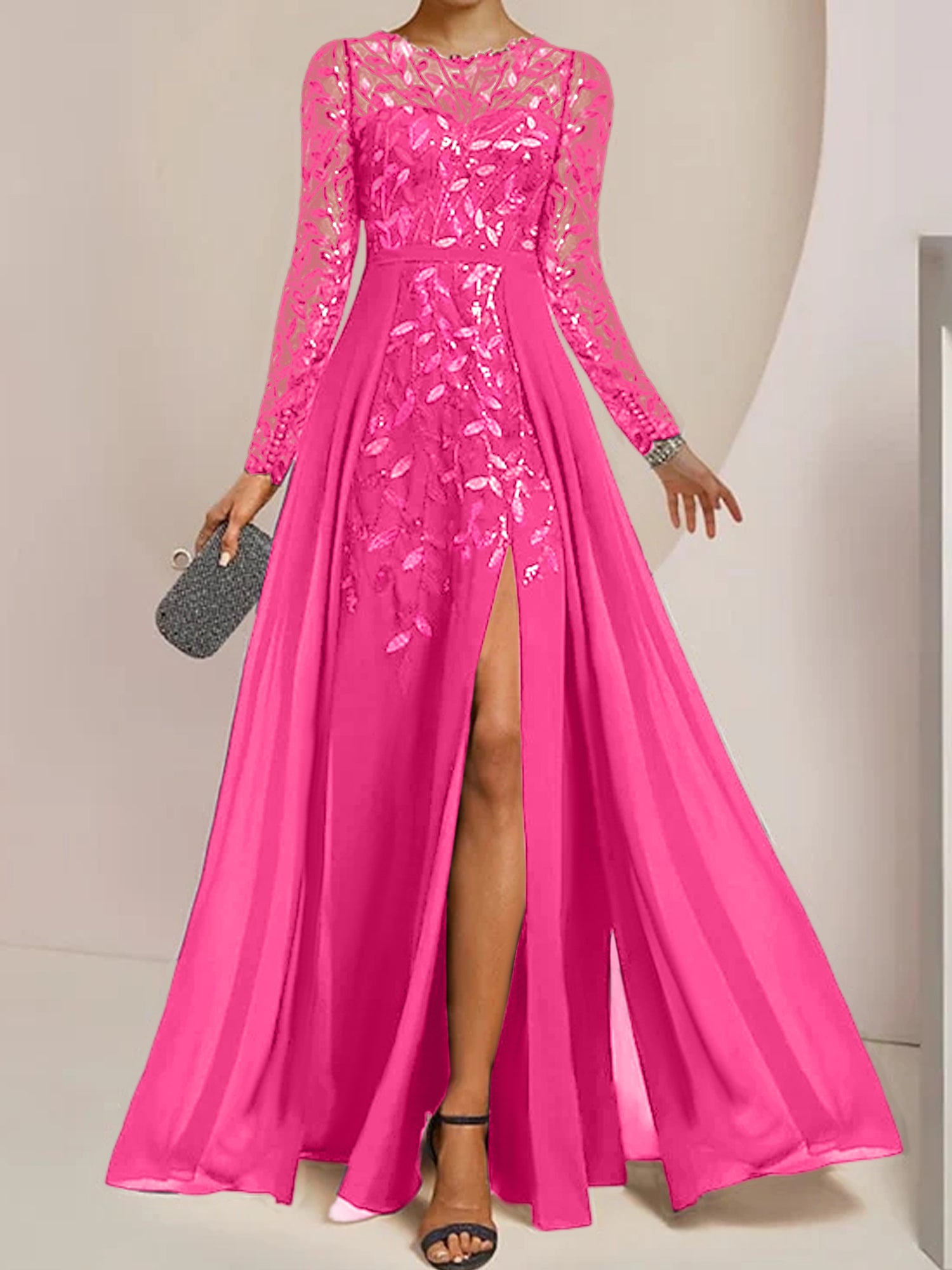Floor-Length Mother of the Bride A-Line Dress with Scoop Neck Long Sleeves Side Split Ruffles & Sequins-BMbridal.UK