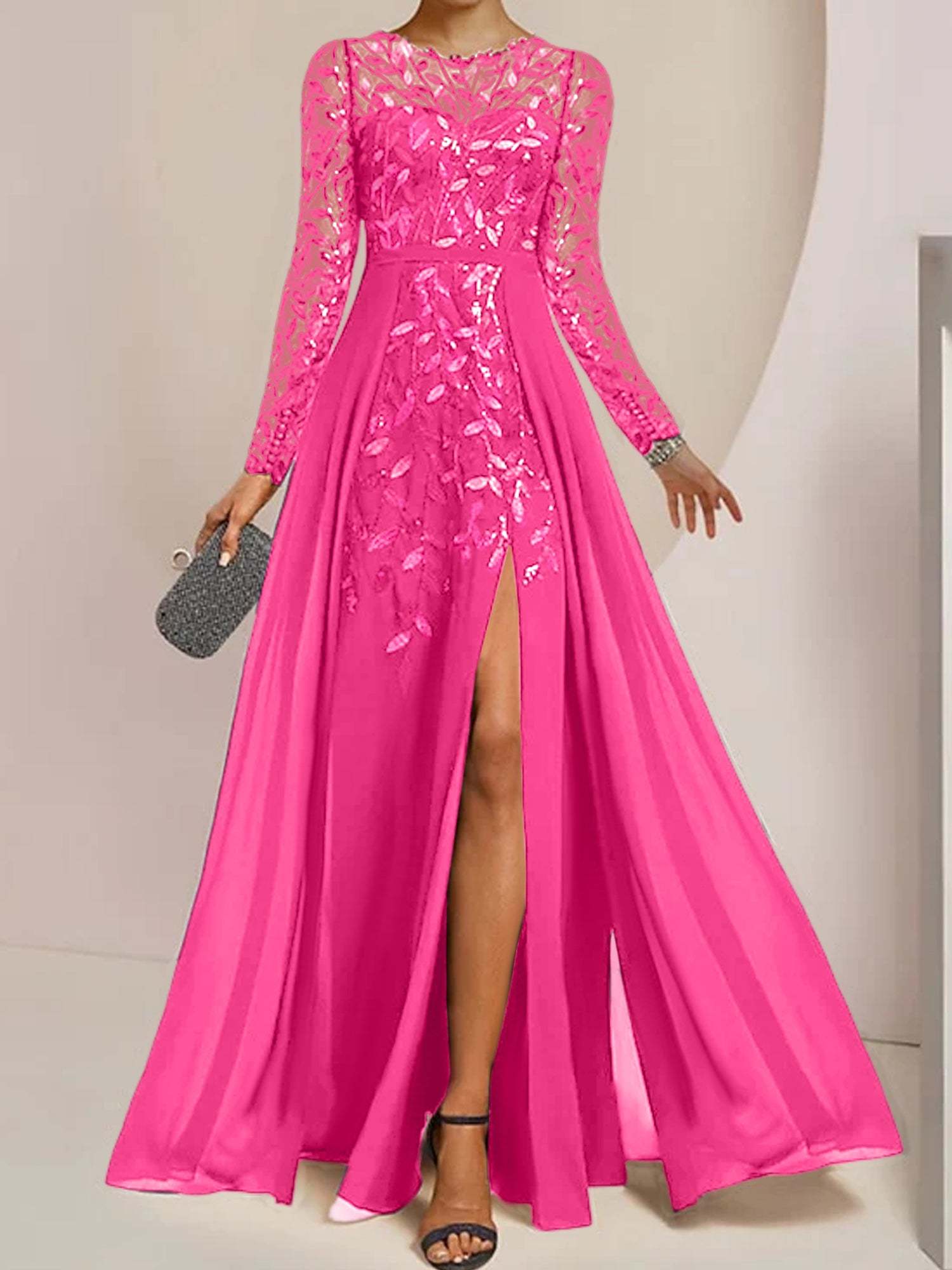 Floor-Length Mother of the Bride A-Line Dress with Scoop Neck Long Sleeves Side Split Ruffles & Sequins-BMbridal.UK