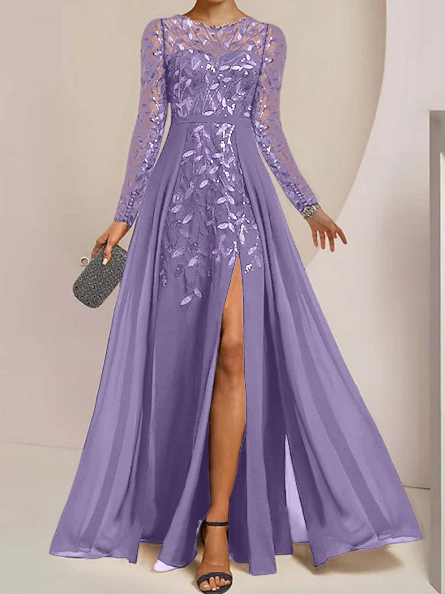 Floor-Length Mother of the Bride A-Line Dress with Scoop Neck Long Sleeves Side Split Ruffles & Sequins-BMbridal.UK
