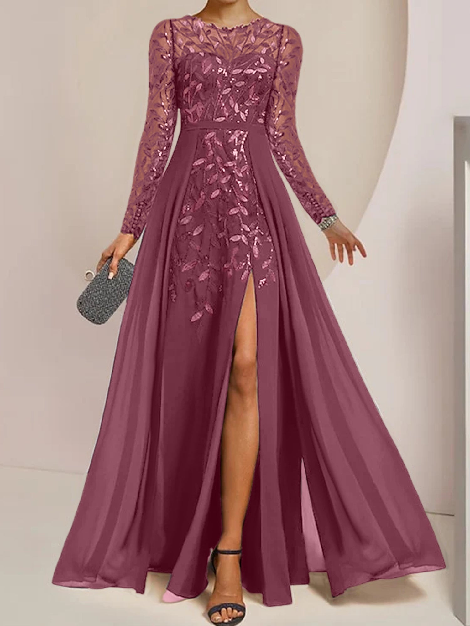 Floor-Length Mother of the Bride A-Line Dress with Scoop Neck Long Sleeves Side Split Ruffles & Sequins-BMbridal.UK