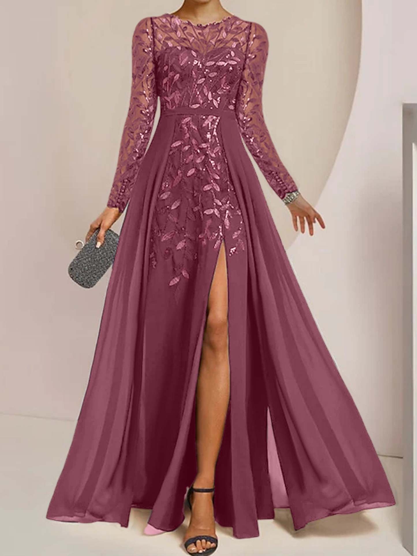 Floor-Length Mother of the Bride A-Line Dress with Scoop Neck Long Sleeves Side Split Ruffles & Sequins-BMbridal.UK