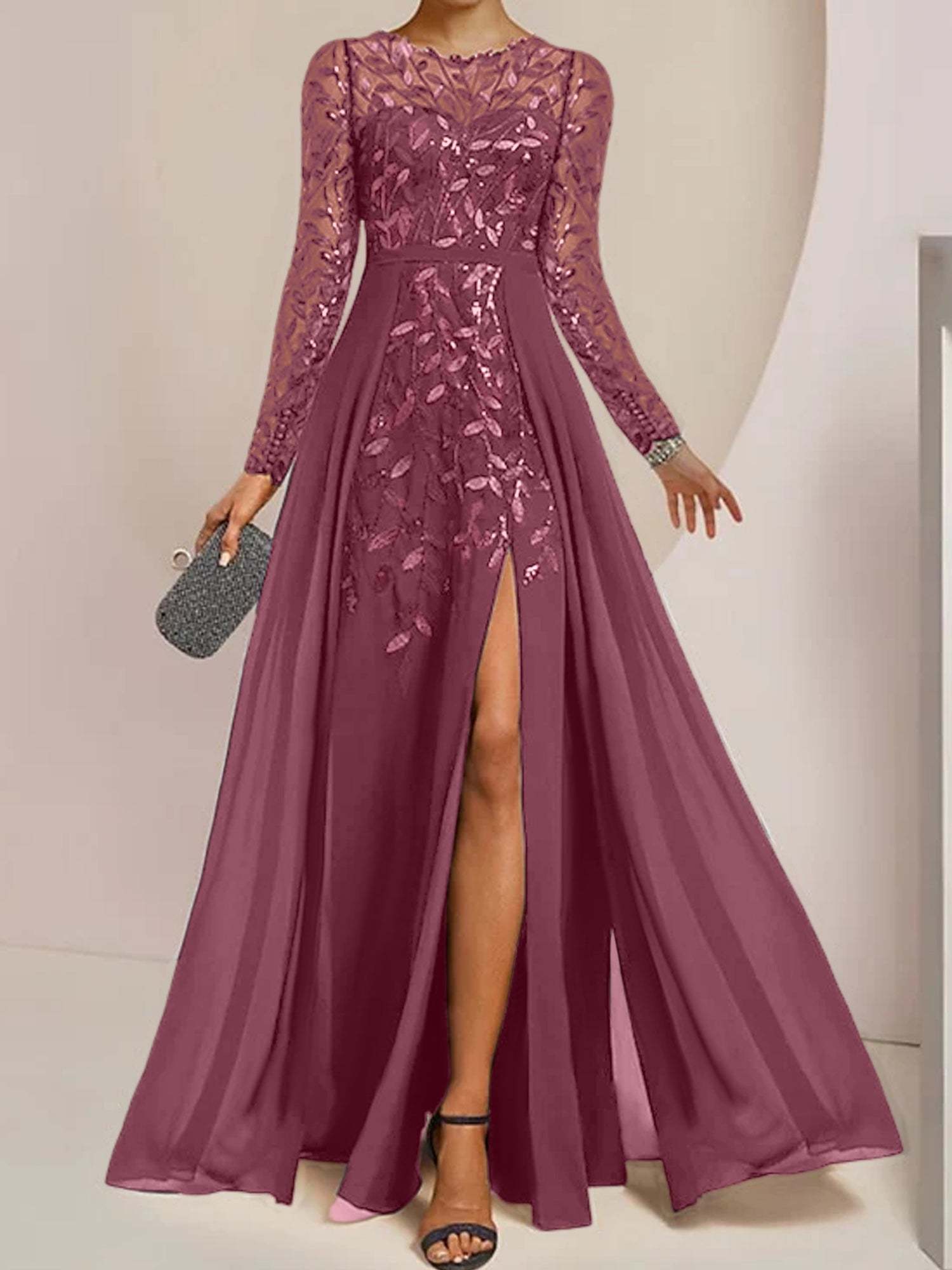 Floor-Length Mother of the Bride A-Line Dress with Scoop Neck Long Sleeves Side Split Ruffles & Sequins-BMbridal.UK