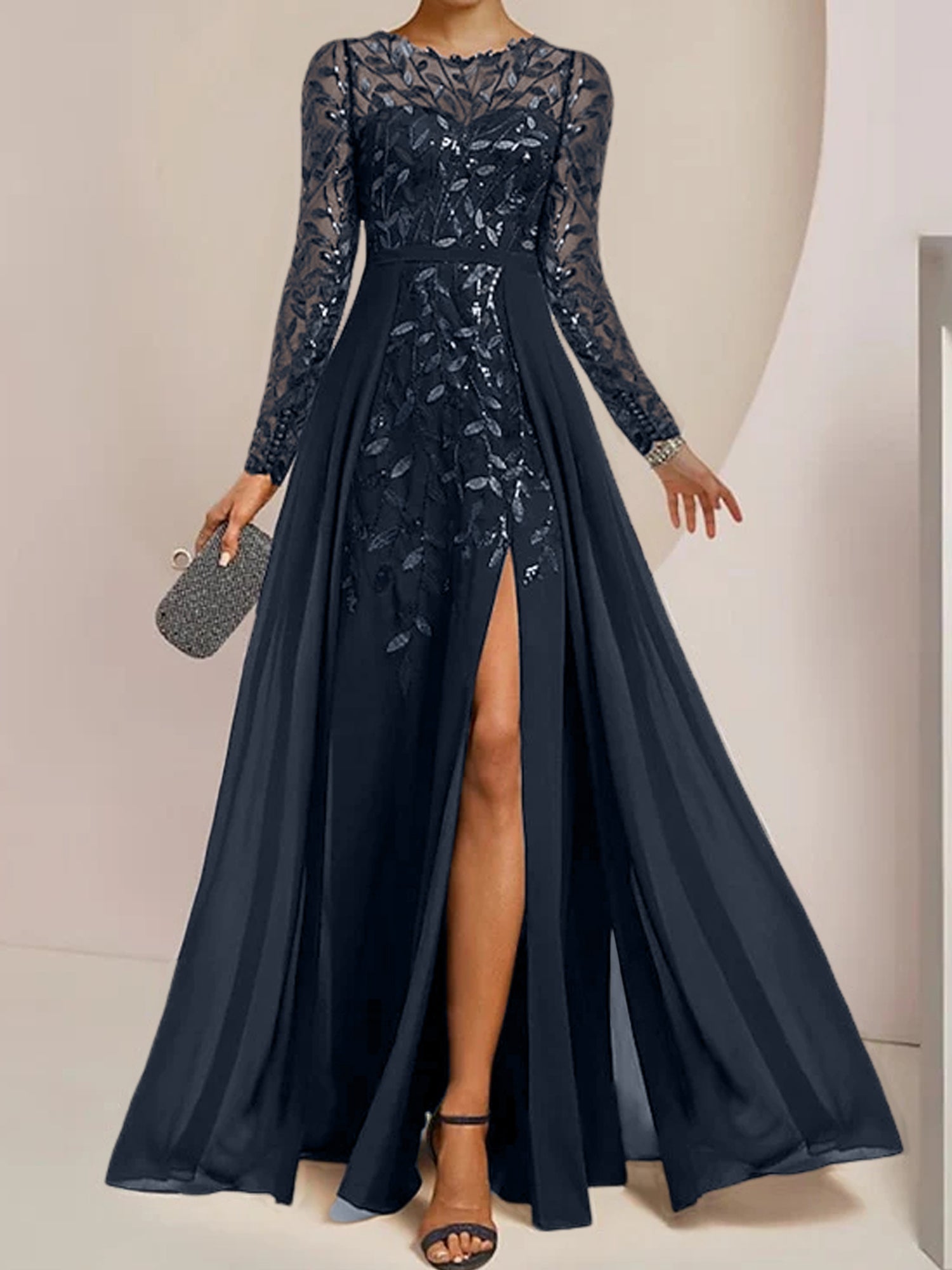 Floor-Length Mother of the Bride A-Line Dress with Scoop Neck Long Sleeves Side Split Ruffles & Sequins-BMbridal.UK