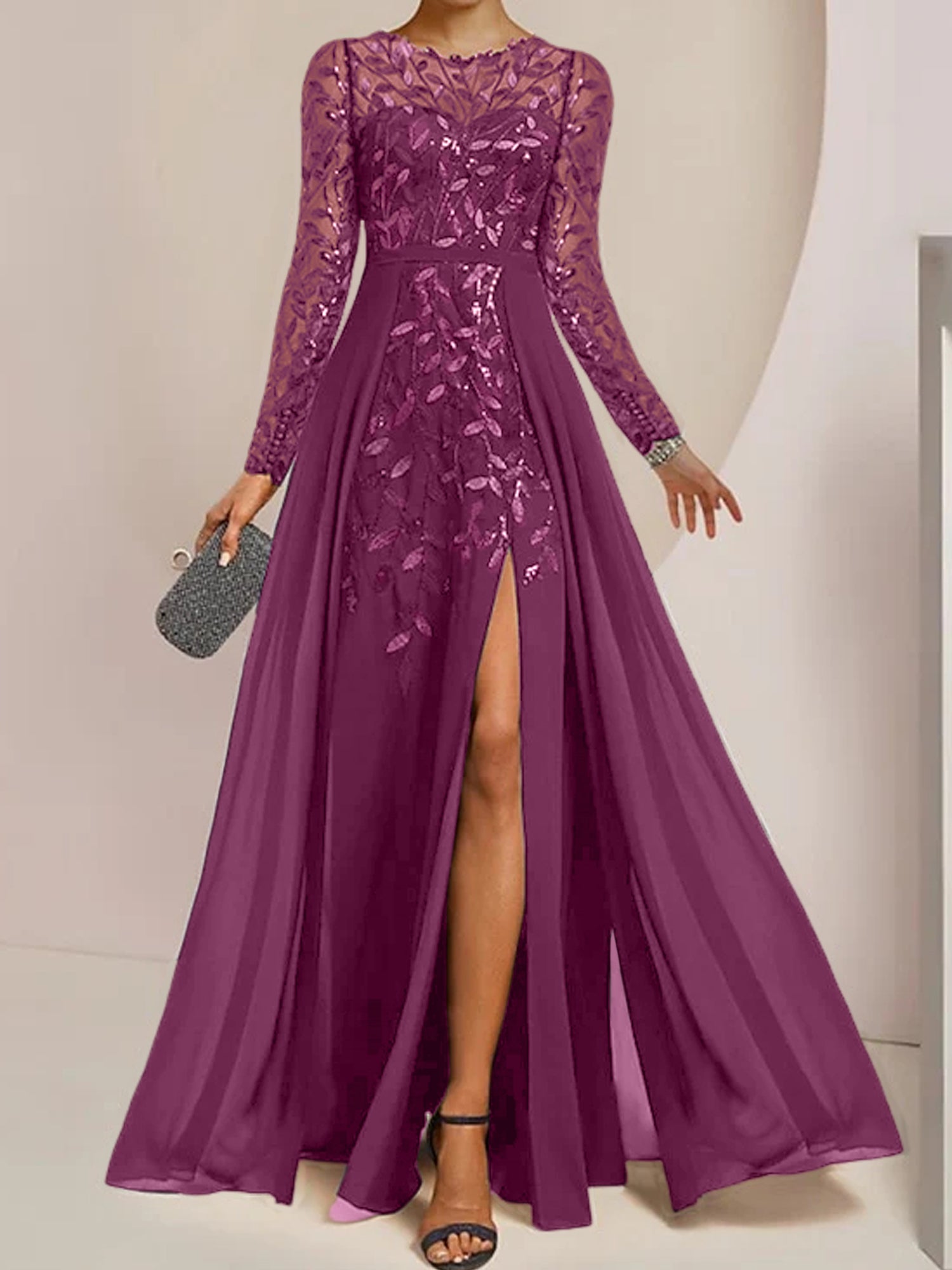 Floor-Length Mother of the Bride A-Line Dress with Scoop Neck Long Sleeves Side Split Ruffles & Sequins-BMbridal.UK