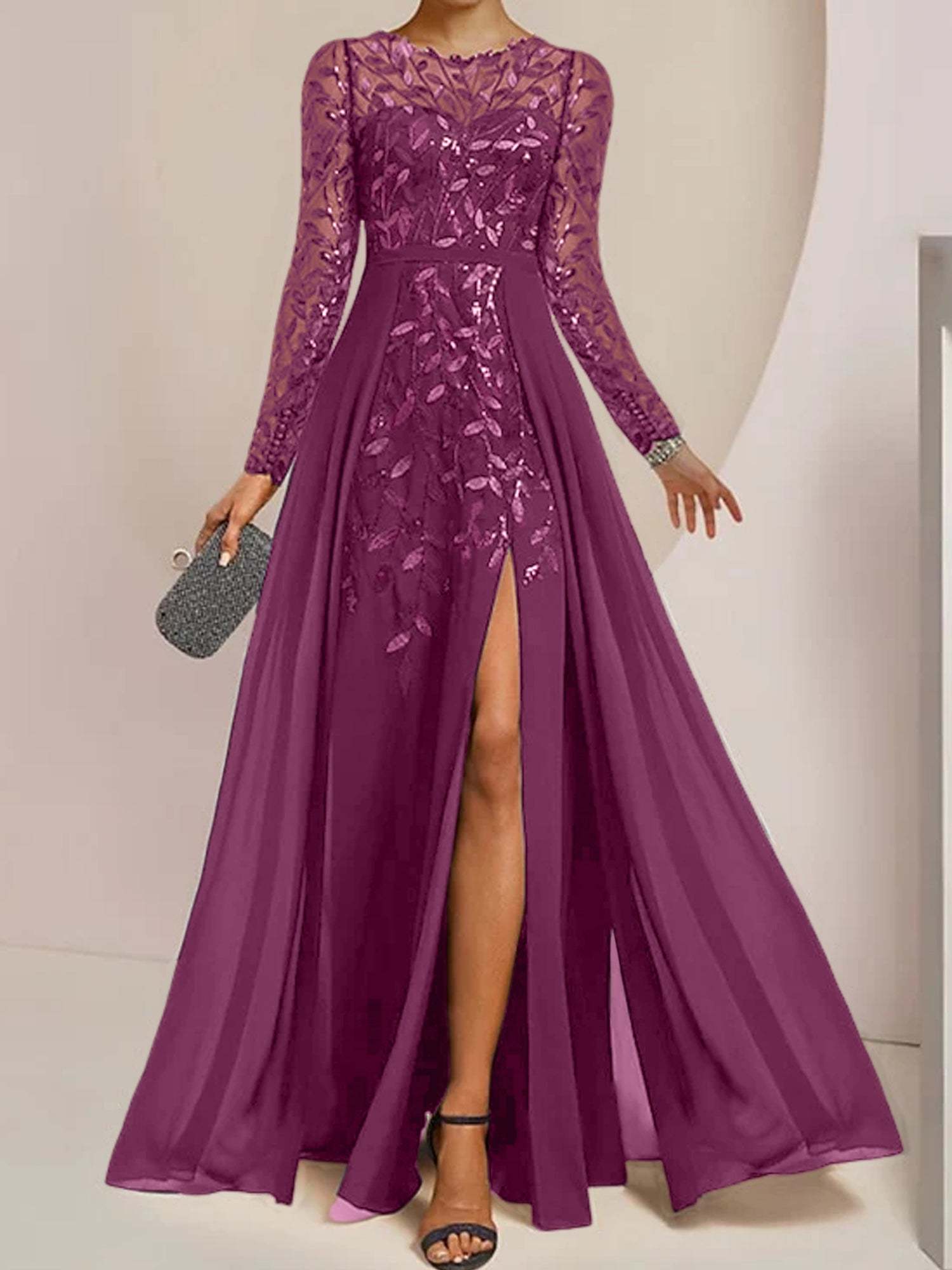 Floor-Length Mother of the Bride A-Line Dress with Scoop Neck Long Sleeves Side Split Ruffles & Sequins-BMbridal.UK