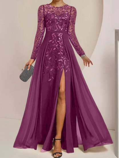 Floor-Length Mother of the Bride A-Line Dress with Scoop Neck Long Sleeves Side Split Ruffles & Sequins-BMbridal.UK