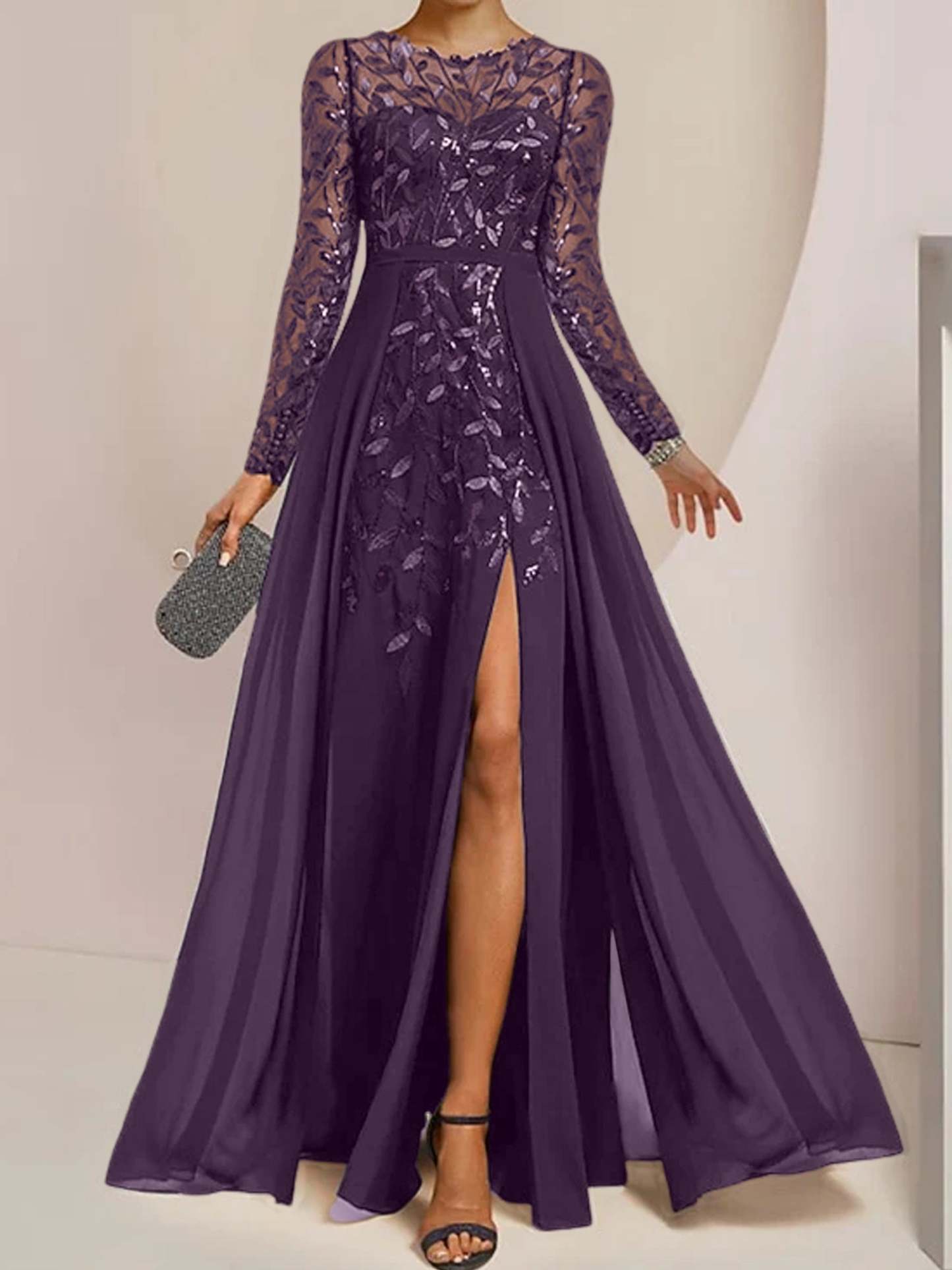 Floor-Length Mother of the Bride A-Line Dress with Scoop Neck Long Sleeves Side Split Ruffles & Sequins-BMbridal.UK