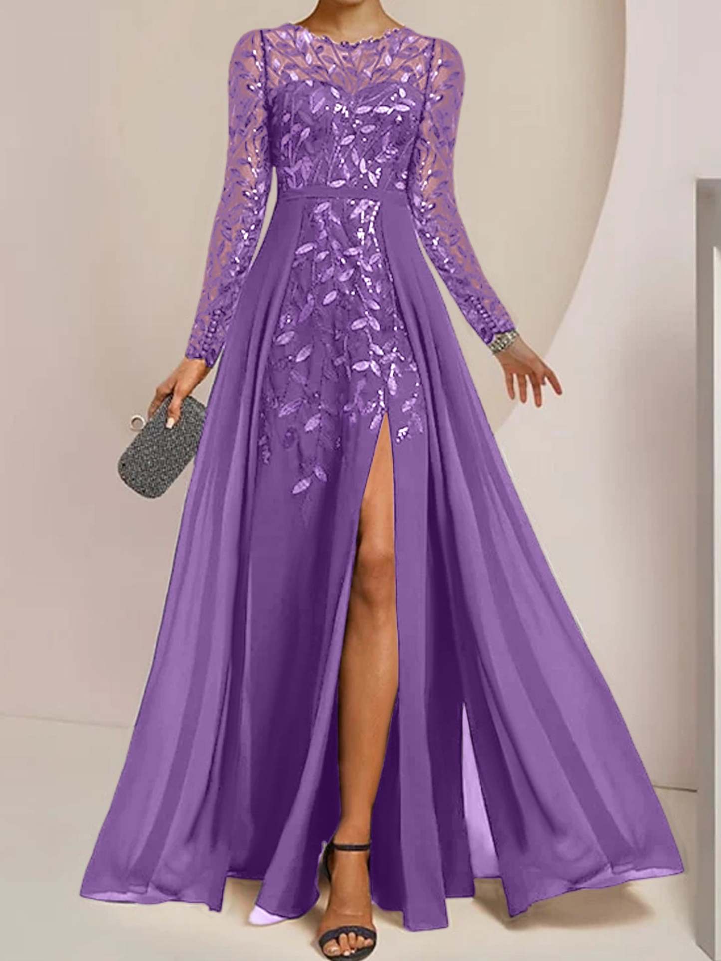 Floor-Length Mother of the Bride A-Line Dress with Scoop Neck Long Sleeves Side Split Ruffles & Sequins-BMbridal.UK
