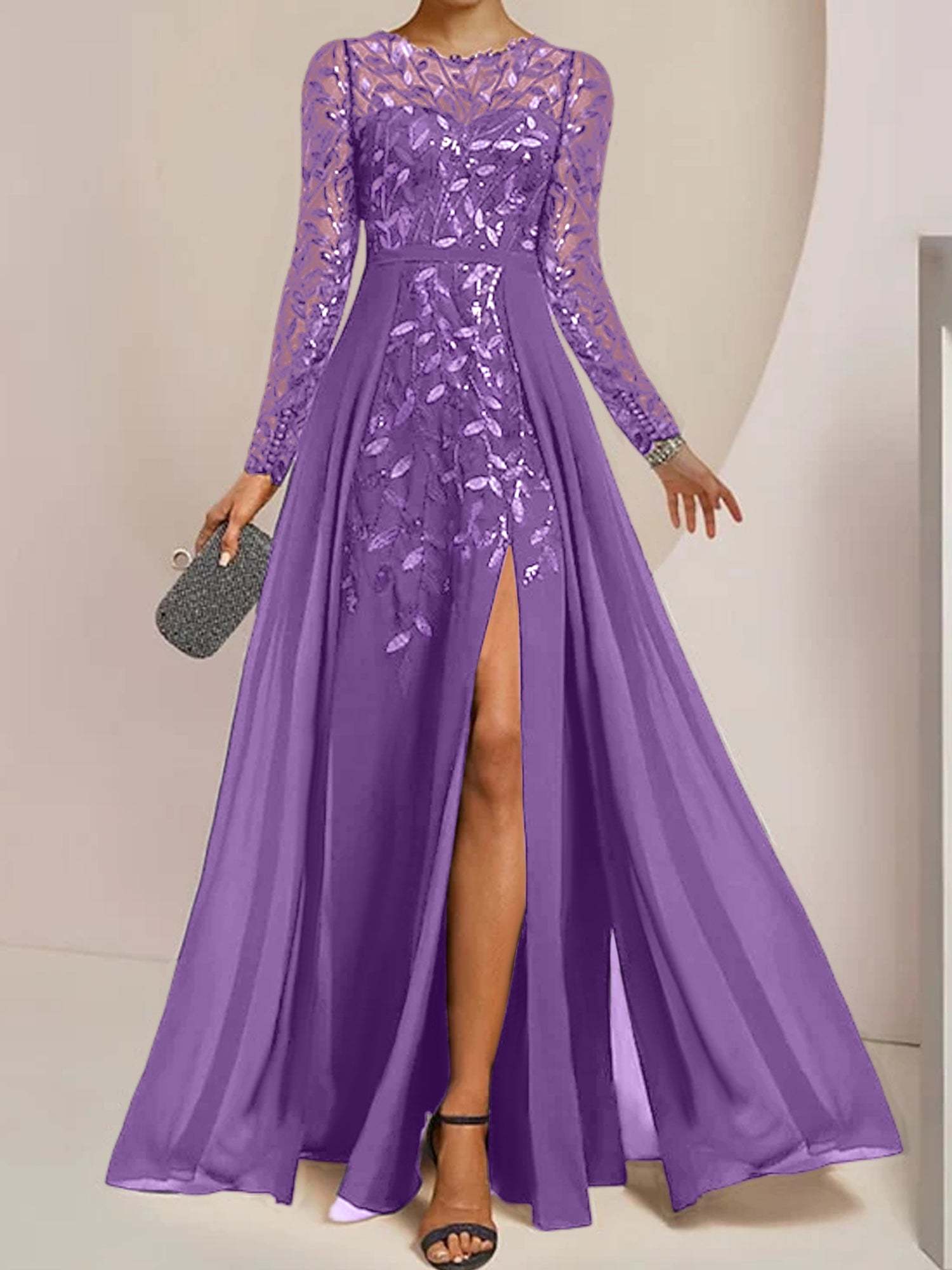 Floor-Length Mother of the Bride A-Line Dress with Scoop Neck Long Sleeves Side Split Ruffles & Sequins-BMbridal.UK