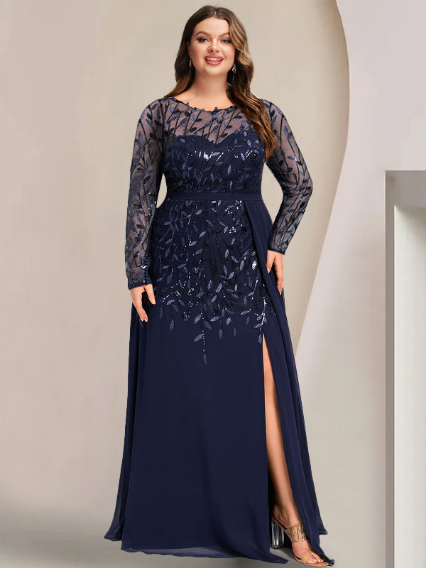 Plus Size Floor-Length Mother of the Bride A-Line Dress with Scoop Neck Long Sleeves Side Split Ruffles & Sequins-BMbridal.UK