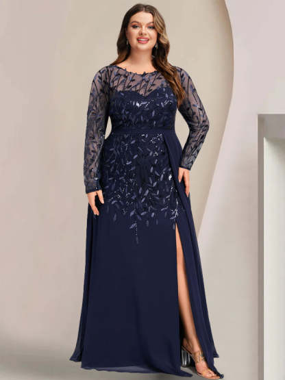 Plus Size Floor-Length Mother of the Bride A-Line Dress with Scoop Neck Long Sleeves Side Split Ruffles & Sequins-BMbridal.UK