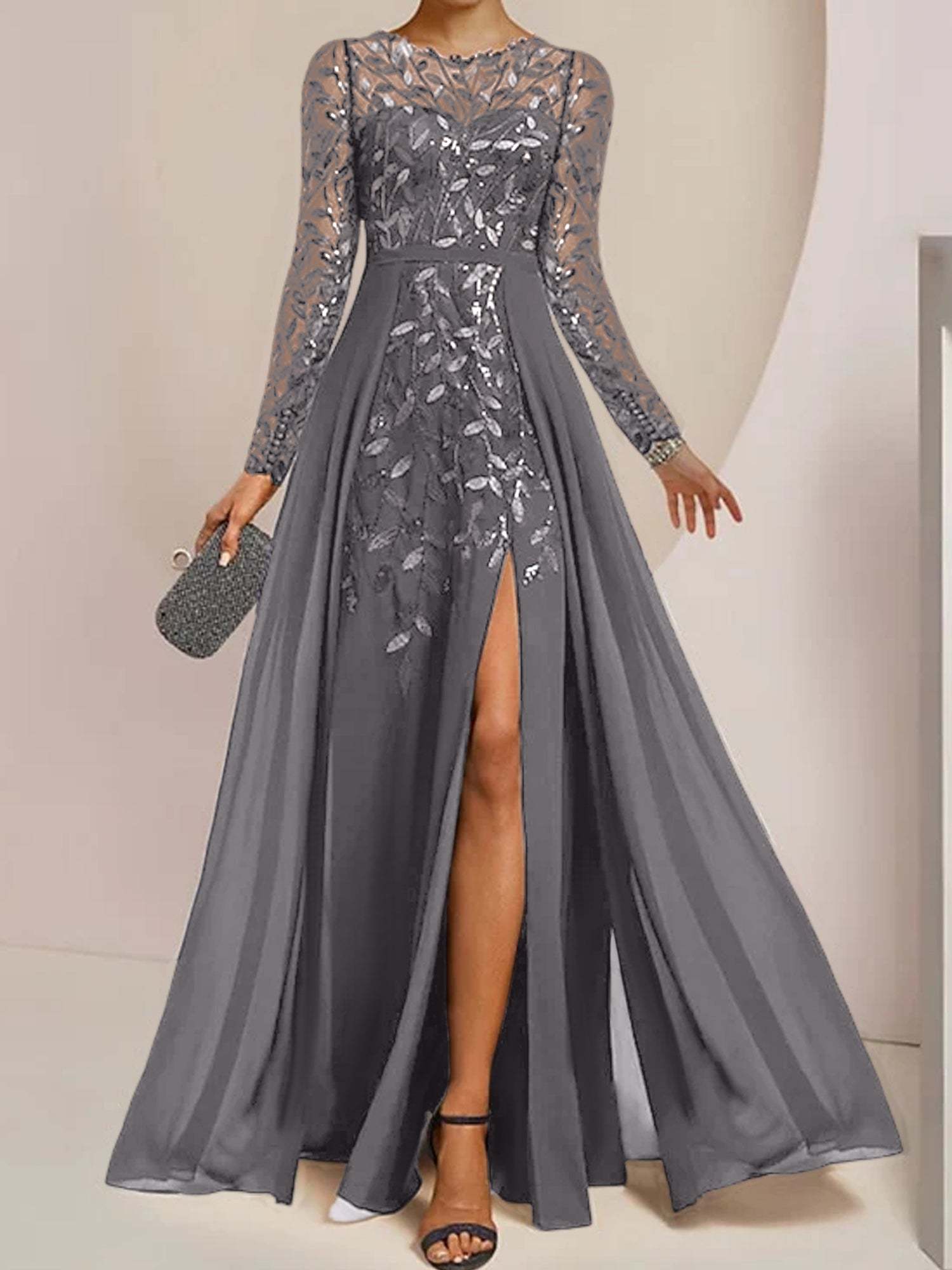Floor-Length Mother of the Bride A-Line Dress with Scoop Neck Long Sleeves Side Split Ruffles & Sequins