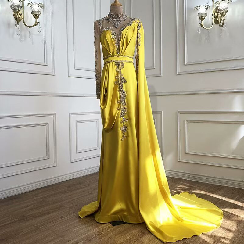 Shinning Yellow Bead Embroidery Mermaid Floor Length Prom Dress With Shawl
