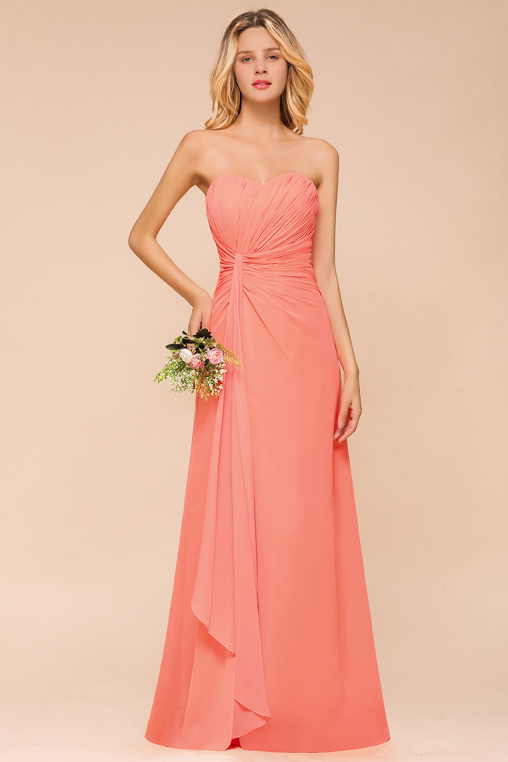 BMbridal Stylish Sweetheart Ruffle Affordable Coral Chiffon Bridesmaid Dresses Online-BMbridal