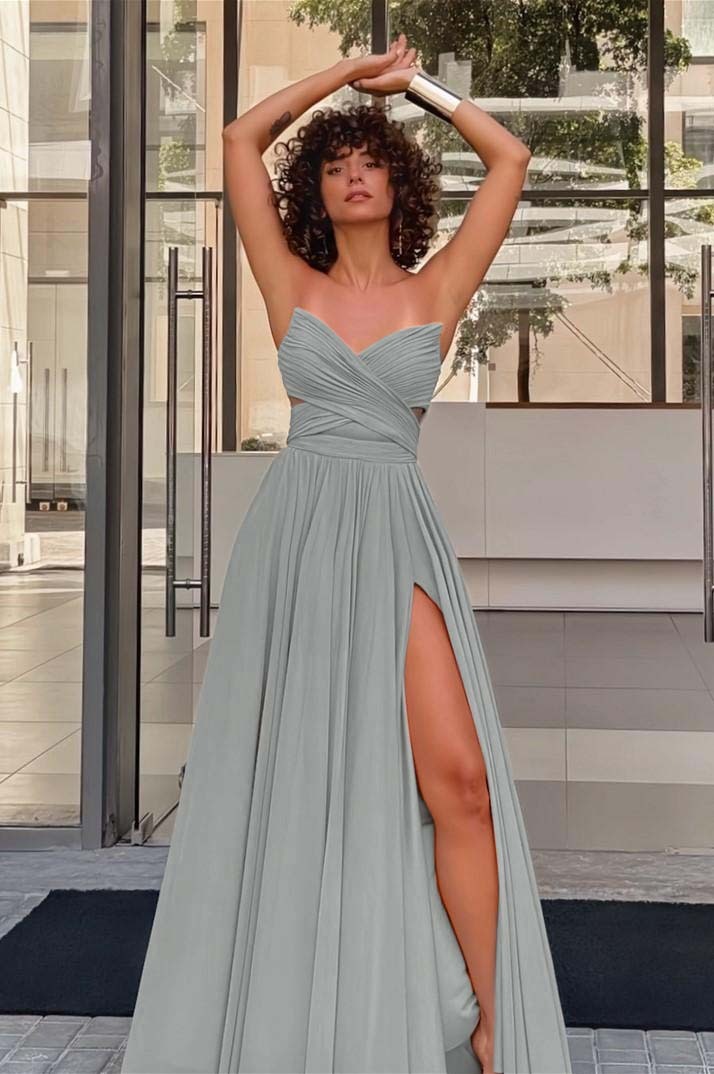 Strapless Sleeveless Long High Split Prom Dress With Pleated