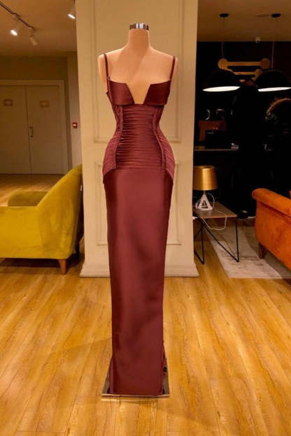 Burgundy V Neck Spaghetti Strap Sleeveless Mermaid Prom Dress With Pleated