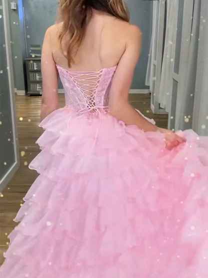 Pink Strapless Tiered Ruffles Lace Applique|s Corset Prom Dress with Slit
