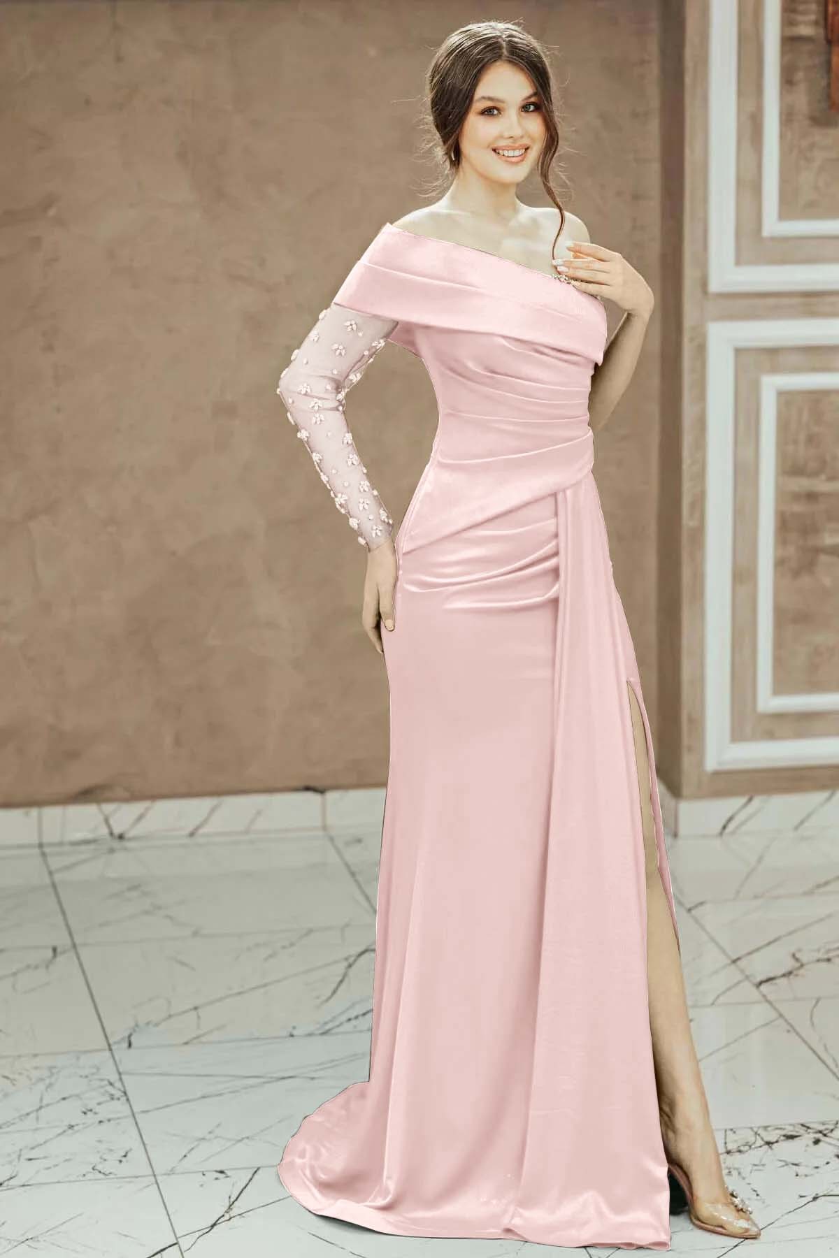 Red Beadings One Shoulder Pleated Prom Dress Split Mermaid With Long Sleeve