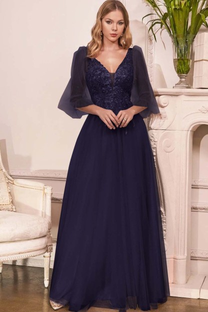 Charming Tulle V Neck Sleeveless Long Prom Dress With Appliques