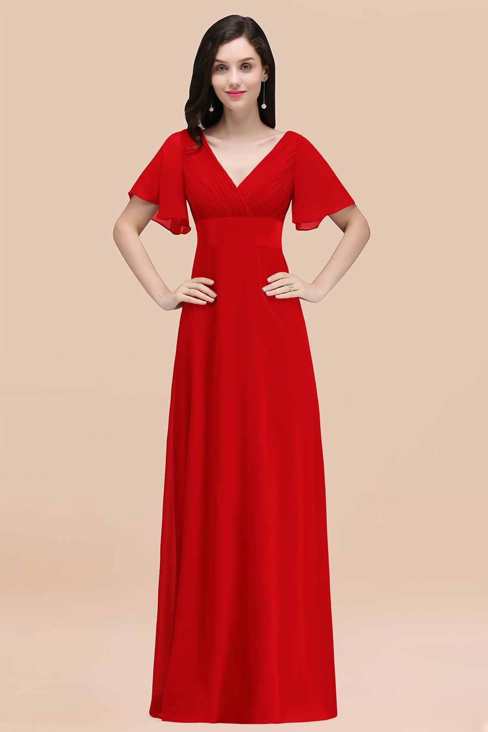 BMbridal Affordable V-Neck Ruffle Long Burgundy Bridesmaid Dress With Short-Sleeves-BMbridal