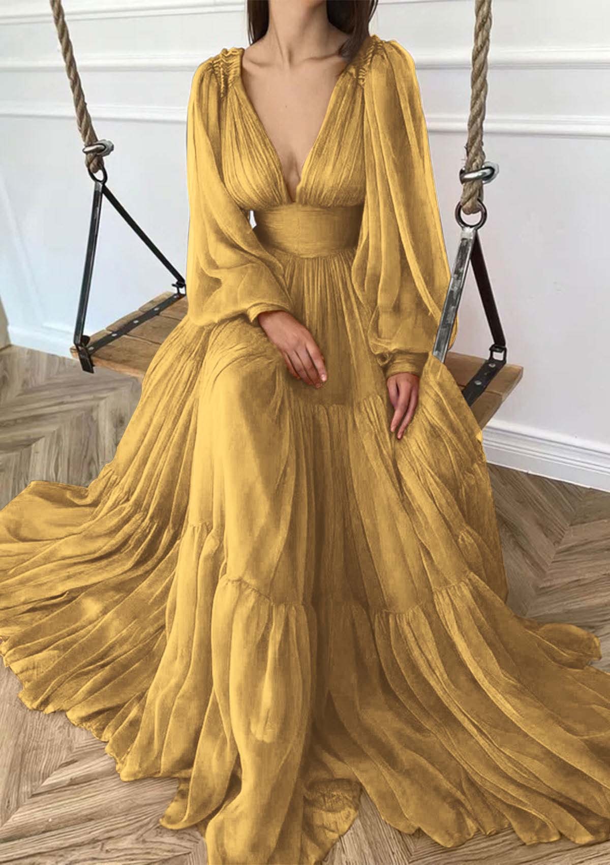 Deep V Neck Long Sleeves High Waist Long Prom Dress With Ruffles