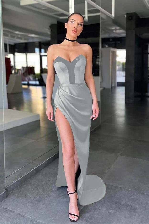 Strapless Sleeveless Long Mermaid Prom Dress With Split Pleated