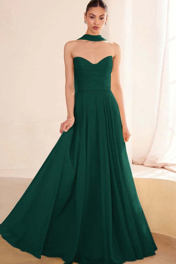 Chiffon Strapless Sleeveless Long A Line Prom Dress With Pleated