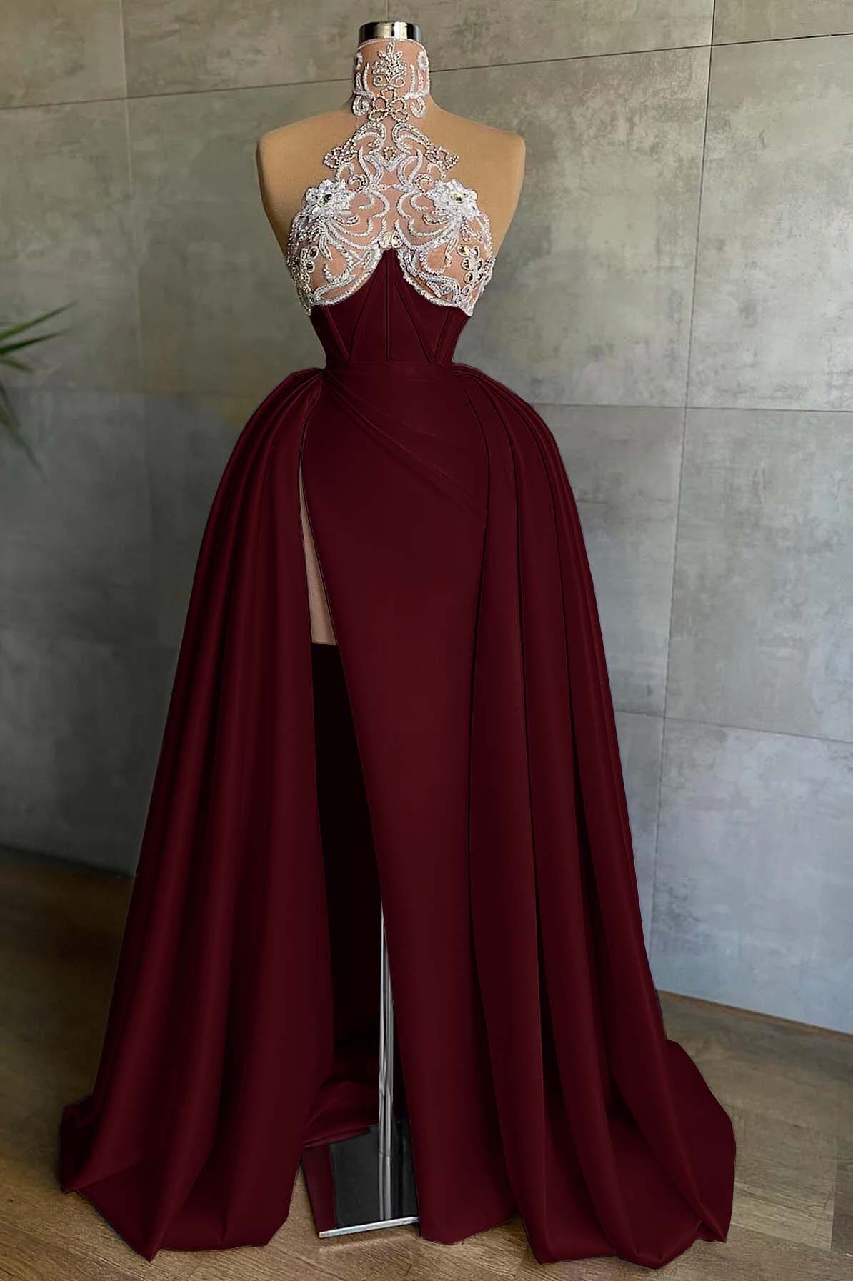 Halter Sleeveless Mermaid Split Long Prom Dress With Appliques