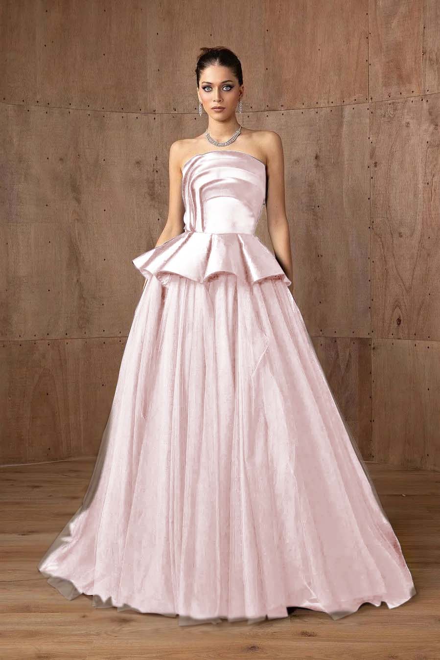 Tulle Strapless Sleeveless A Line Long Prom Dress With Ruffles