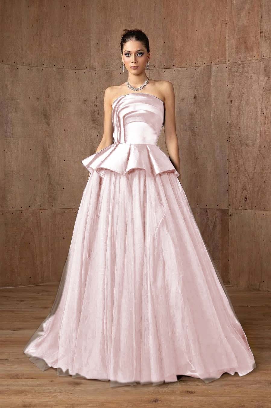 Tulle Strapless Sleeveless A Line Long Prom Dress With Ruffles