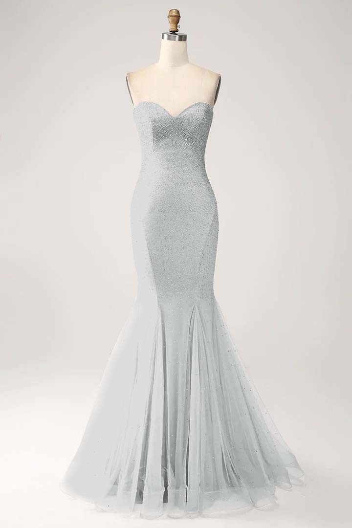 Strapless Sleeveless Long Mermaid Prom Dress With Beading Tulle