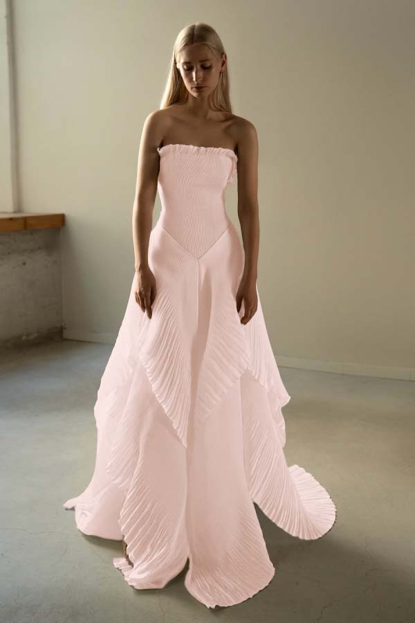 Chic Strapless Sleeveless Long Prom Dress With Ruffles Pleated