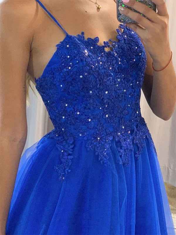 Blue A Line Spaghetti Straps Tulle Long Prom Dress with Appliques