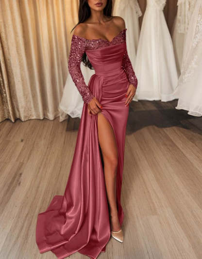 Off-the-Shoulder Floor-Length Prom Dress with Side Split and Sequins