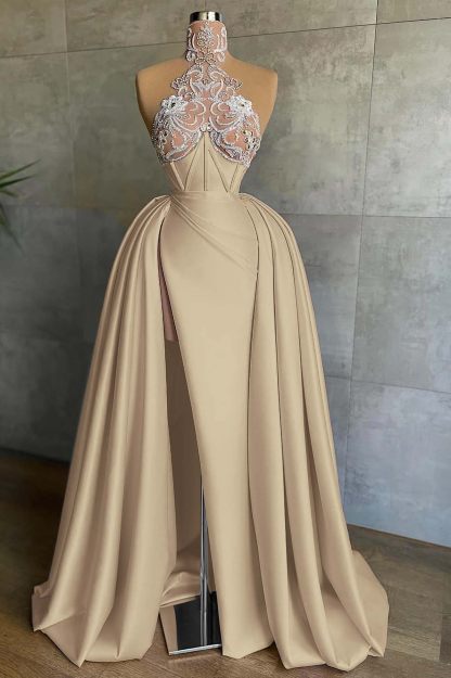 Halter Sleeveless Mermaid Split Long Prom Dress With Appliques