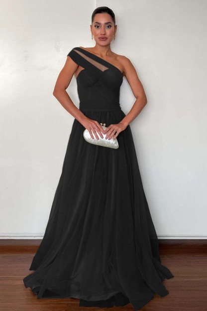 One Shoulder Sweetheart Sleeveless Long Prom Dress With Pleated