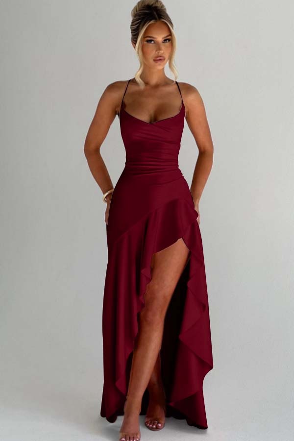 Spaghetti Strap Sleeveless Long Split Prom Dress With Pleated