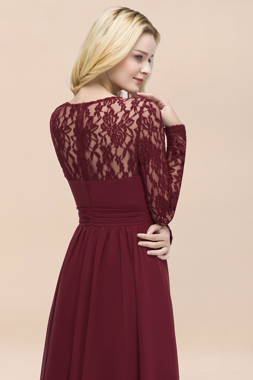BMbridal Elegant Lace Burgundy Bridesmaid Dresses Online with Long Sleeves-BMbridal
