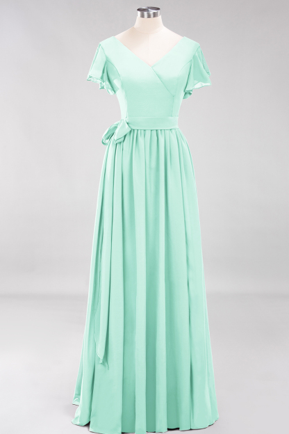 BMbridal Burgundy V-Neck Long Bridesmaid Dress With Short-Sleeves-BMbridal