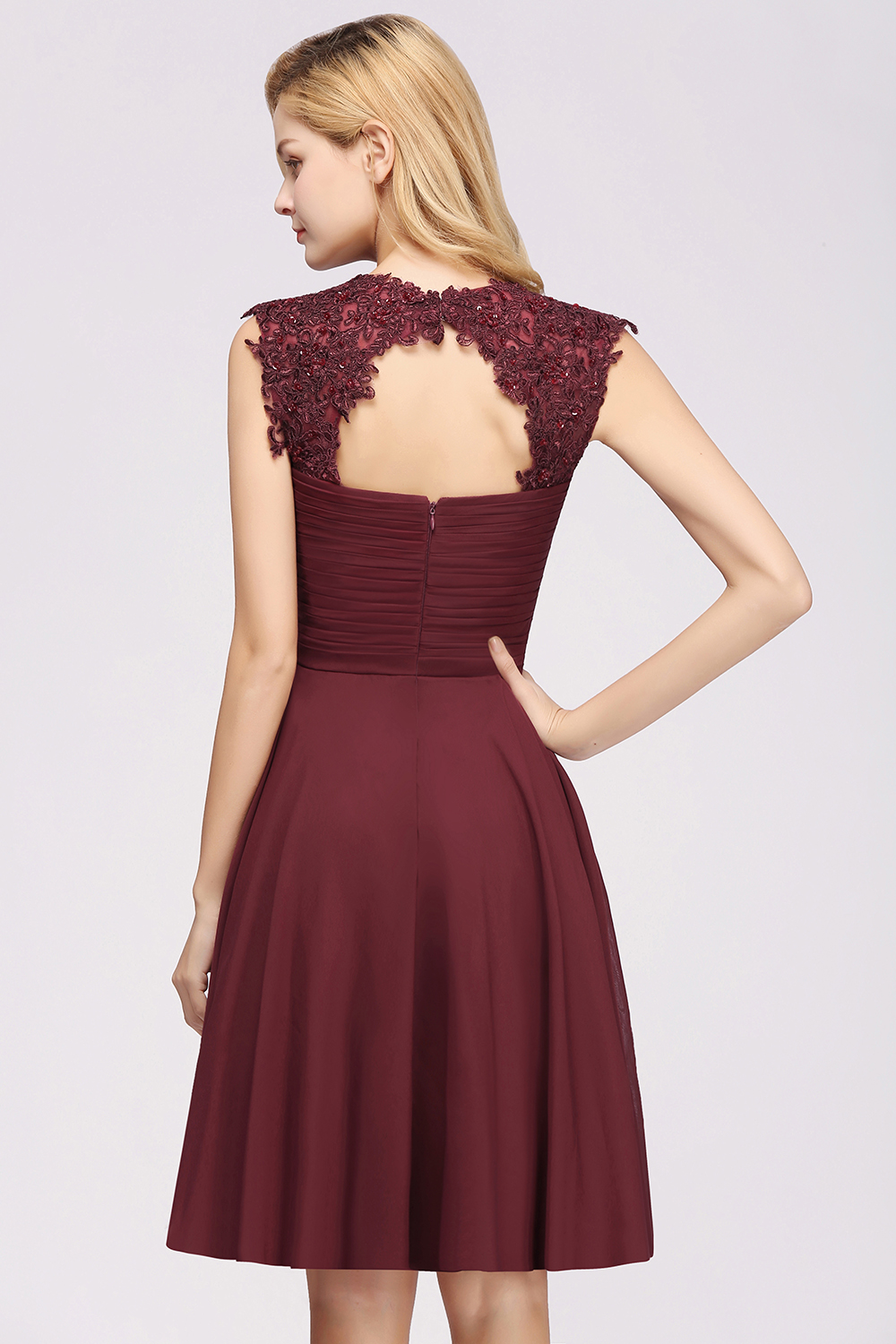 BMbridal Cute Chiffon Round Neck Short Burgundy Bridesmaid Dresses with Appliques-BMbridal